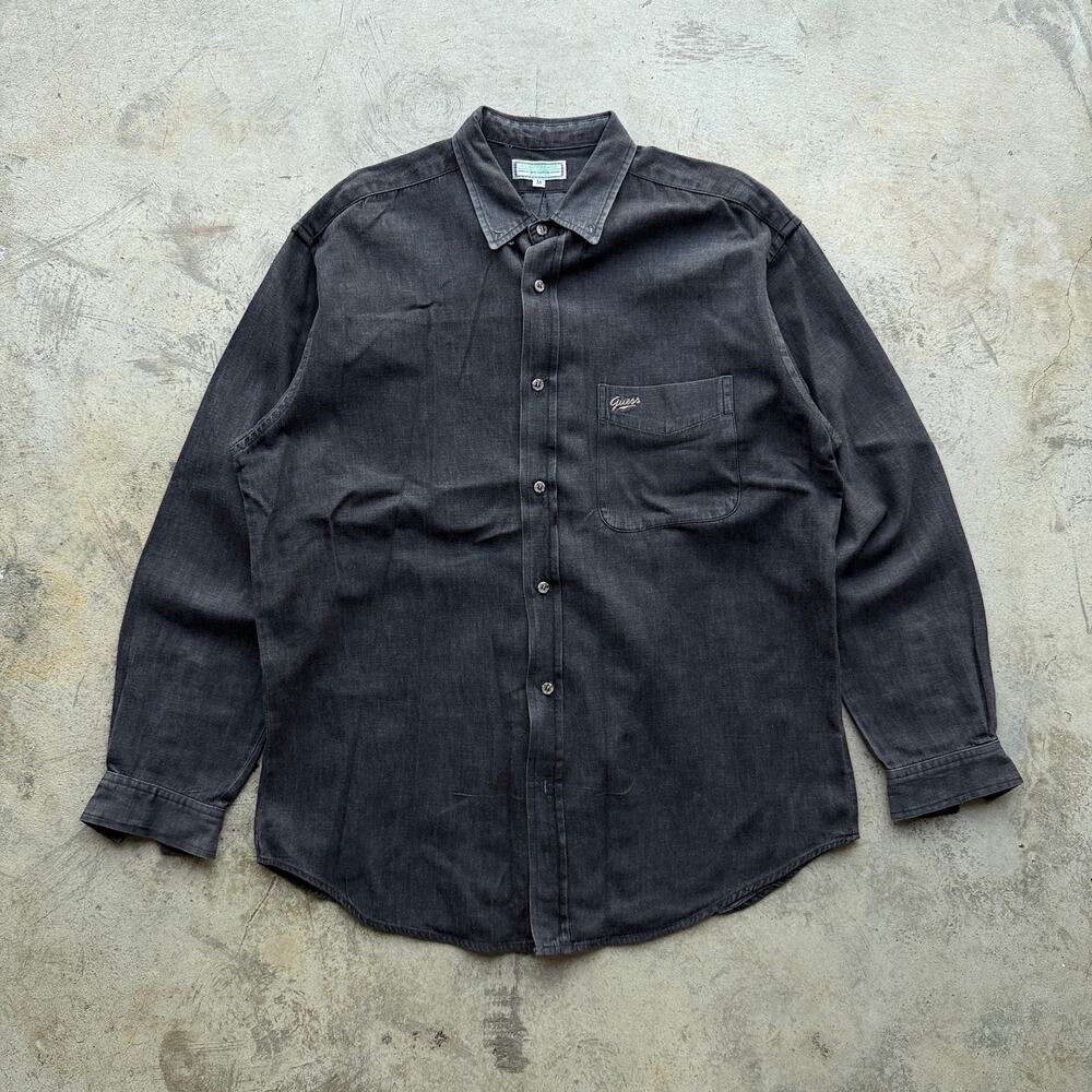 Vintage 80s Guess Jeans Black Denim Button Up Shirt Mens M